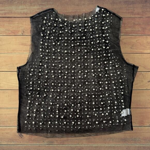 Pearl Rhinestone Mesh Cropped Tank Top Crewneck Sleeveless See Through Sheer Top - Picture 2 of 8